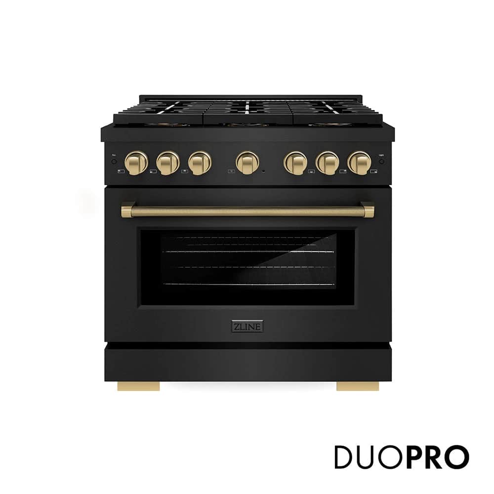Autograph Edition 36 In. 5.2 Cu. Ft. Paramount Gas Range With 6 Burner Duopro™ Cooktop And Convection Gas Oven In Black Stainless Steel With Champagne Bronze Helix Handle And Accents