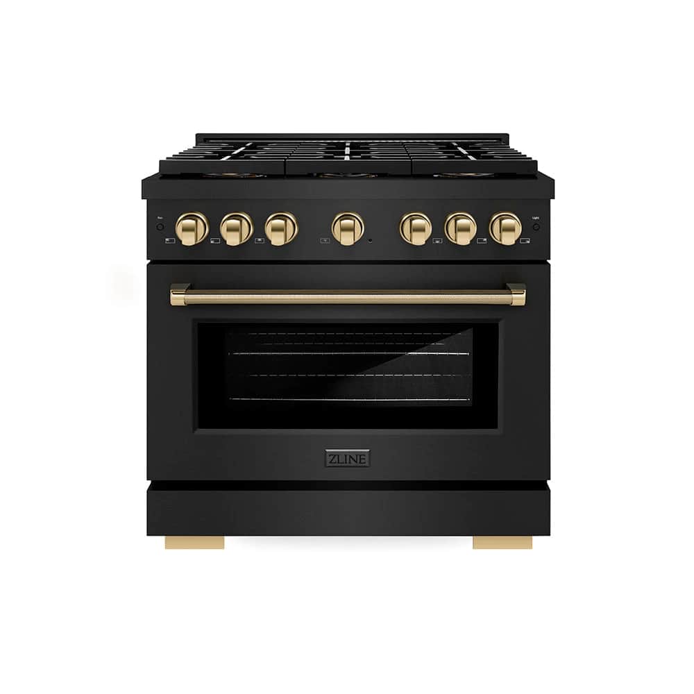 Autograph Edition 36 In. 5.2 Cu. Ft. Paramount Gas Range With 6 Burner Duopro™ Cooktop And Convection Gas Oven In Black Stainless Steel With Polished Gold Helix Handle And Accents