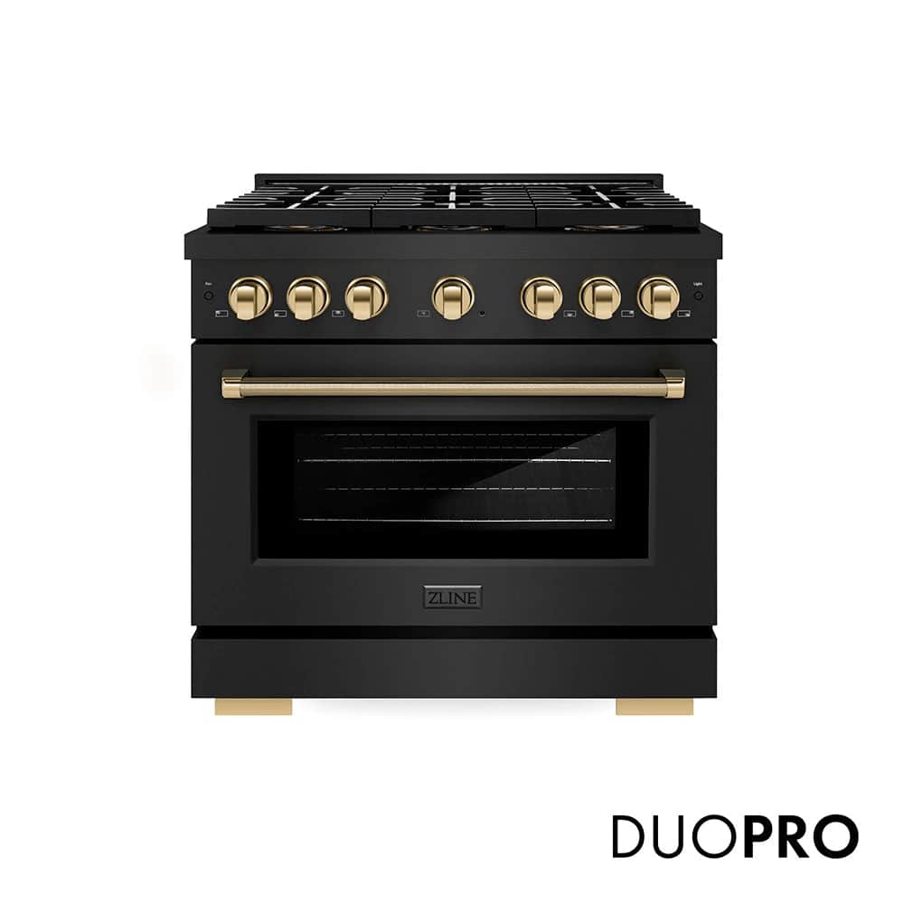 Autograph Edition 36 In. 5.2 Cu. Ft. Paramount Gas Range With 6 Burner Duopro™ Cooktop And Convection Gas Oven In Black Stainless Steel With Polished Gold Helix Handle And Accents