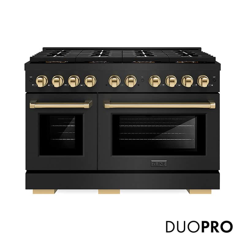 Autograph Edition 48 In. 6.7 Cu. Ft. Paramount Gas Range With 8 Burner Duopro™ Cooktop And Dual Ovens In Black Stainless Steel And Polished Gold Accents