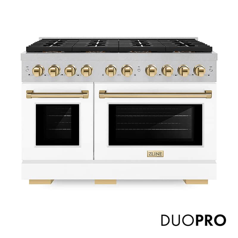 Autograph Edition 48 In. 6.7 Cu. Ft. Paramount Gas Range With 8 Burner Duopro™ Cooktop And Dual Ovens In Satin Stainless Steel With White Matte Doors And Polished Gold Accents