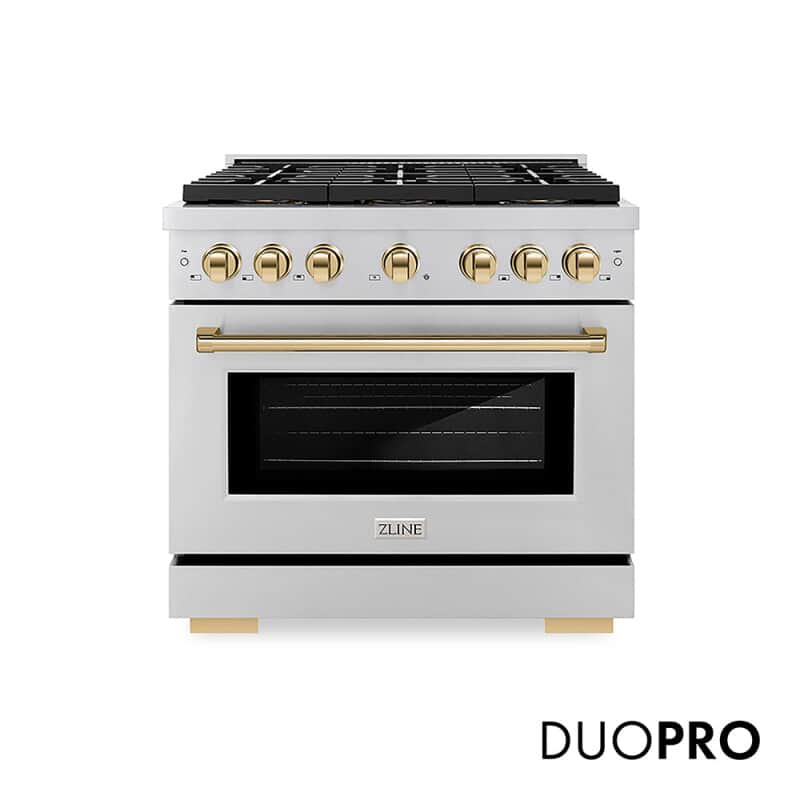 Autograph Edition 36 In. 5.2 Cu. Ft. Paramount Gas Range With 6 Burner Duopro™ Cooktop And Convection Gas Oven In Stainless Steel And Polished Gold Accents
