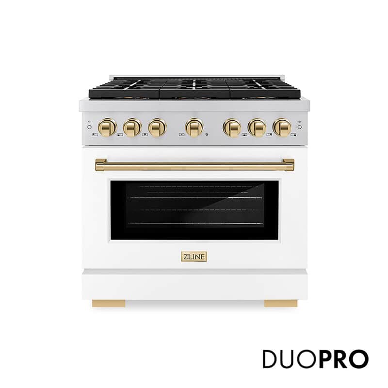 Autograph Edition 36 In. 5.2 Cu. Ft. Paramount Gas Range With 6 Burner Duopro™ Cooktop And Convection Gas Oven With White Matte Door And Polished Gold Accents