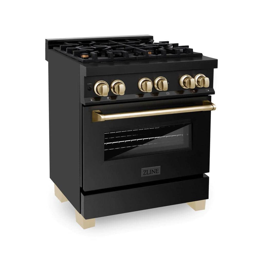Autograph Edition 30 In. 4.0 Cu. Ft. Legacy Dual Fuel Range With 4 Burner Gas Cooktop And Electric Convection Oven In Black Stainless Steel And Polished Gold Accents