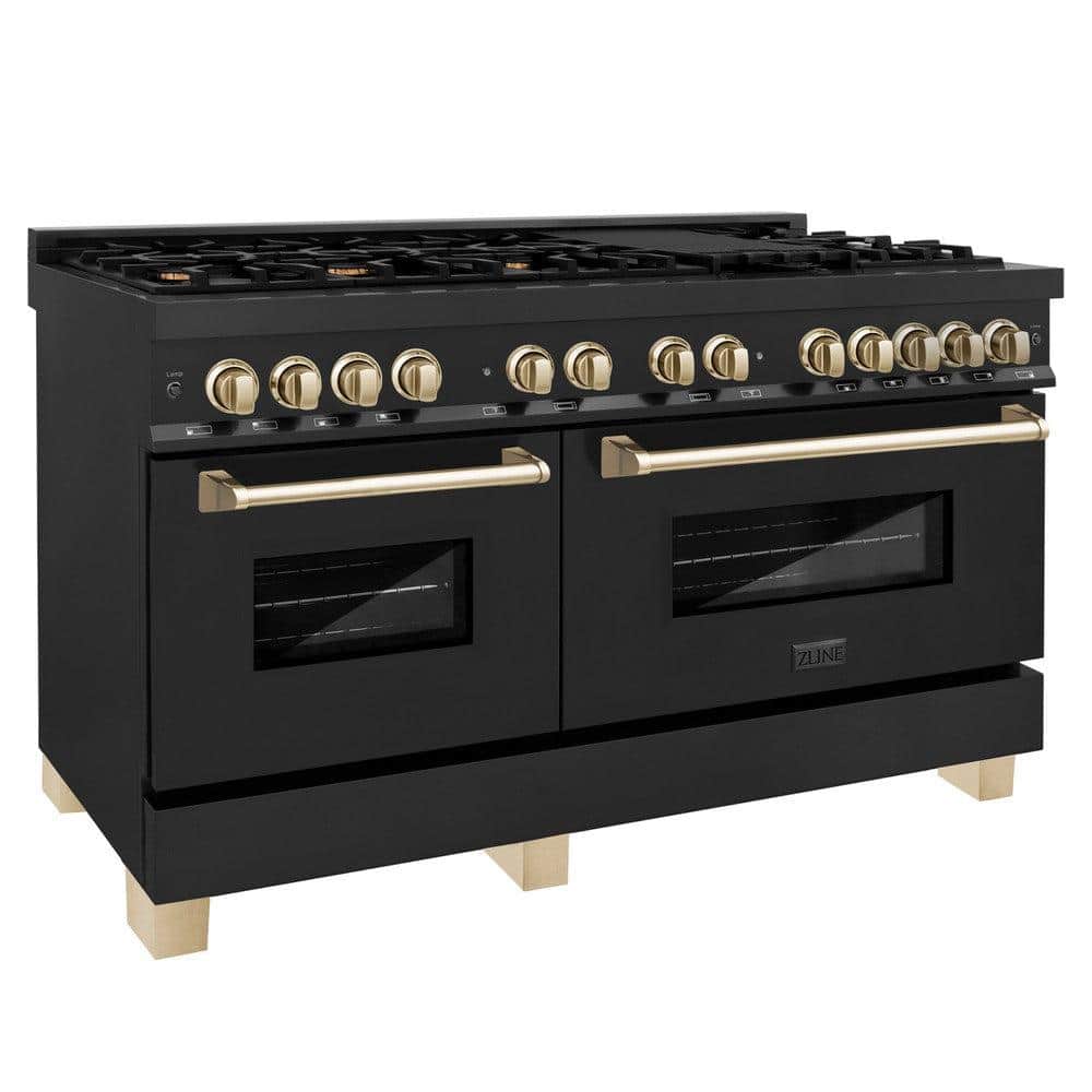Autograph Edition 60 In. 7.4 Cu. Ft. Legacy Dual Fuel Range With 9 Burner Gas Cooktop And 2 Electric Convection Ovens In Black Stainless Steel And Polished Gold Accents