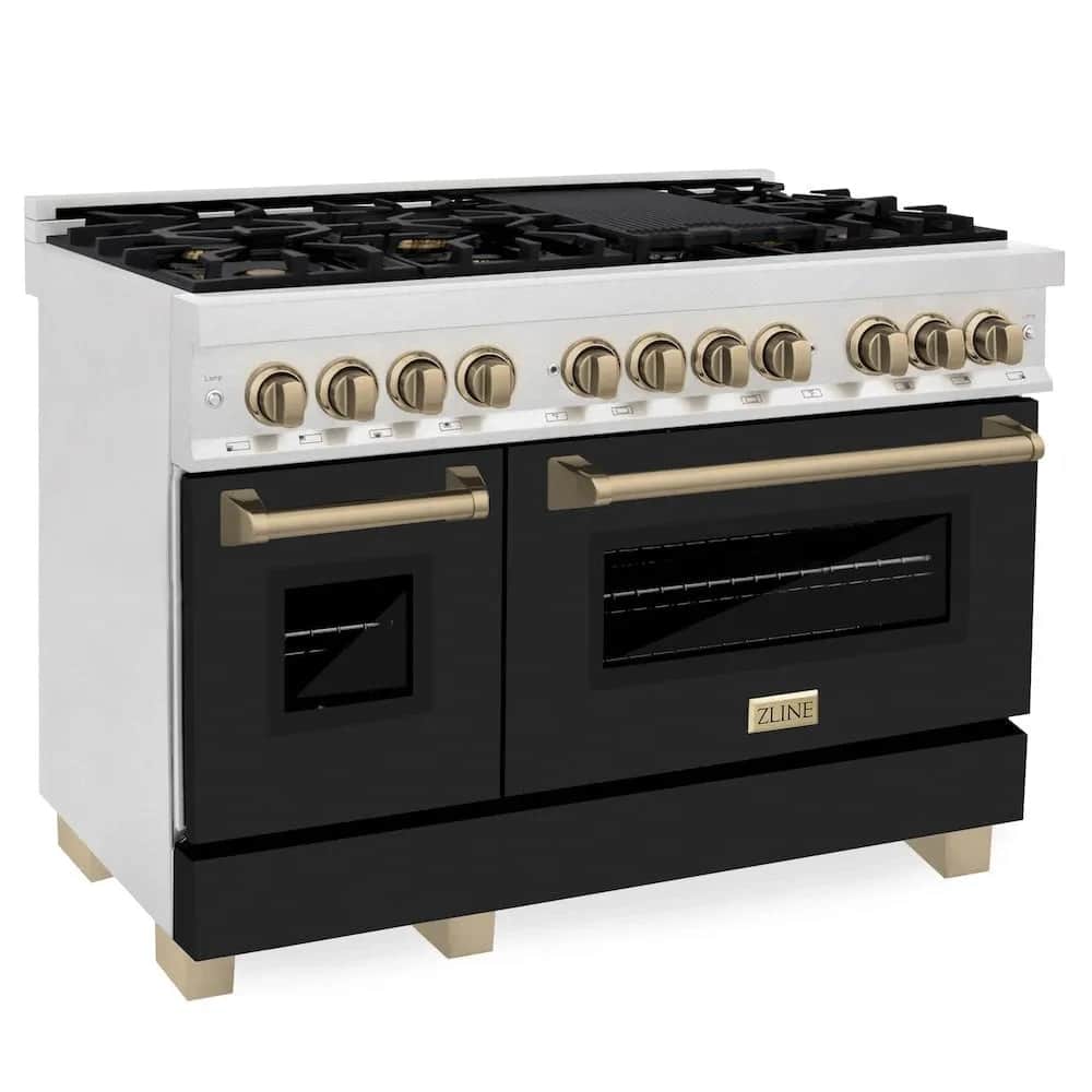 Autograph Edition 48 In. 6.0 Cu. Ft. Legacy Dual Fuel Range With 7 Burner Gas Cooktop And 2 Electric Ovens In Satin Stainless Steel With Black Matte Doors And Champagne Bronze Accents