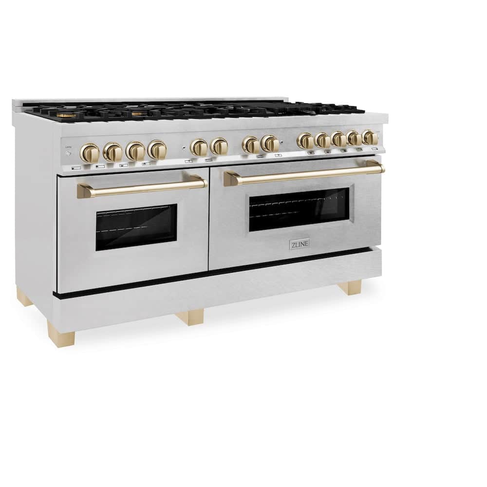 Autograph Edition 60 In. 7.4 Cu. Ft. Legacy Dual Fuel Range With 9 Burner Gas Cooktop And 2 Electric Convection Ovens In Satin Stainless Steel And Polished Gold Accents
