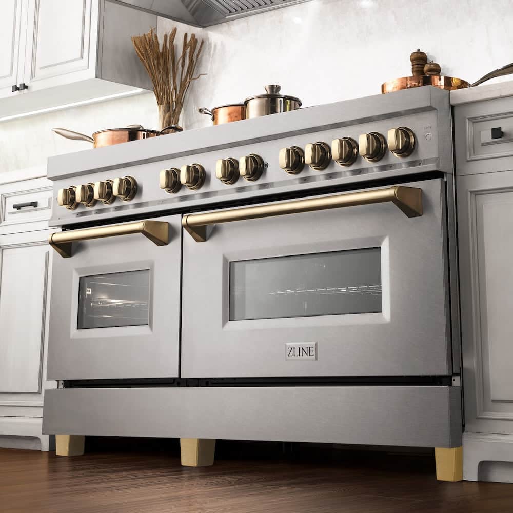 Autograph Edition 60 In. 7.4 Cu. Ft. Legacy Dual Fuel Range With 9 Burner Gas Cooktop And 2 Electric Convection Ovens In Satin Stainless Steel And Polished Gold Accents