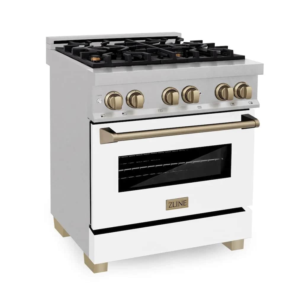 Autograph Edition 30 In. 4.0 Cu. Ft. Legacy Dual Fuel Range With 4 Burner Gas Cooktop And Electric Convection Oven In Satin Stainless Steel With White Matte Door And Champagne Bronze Accents