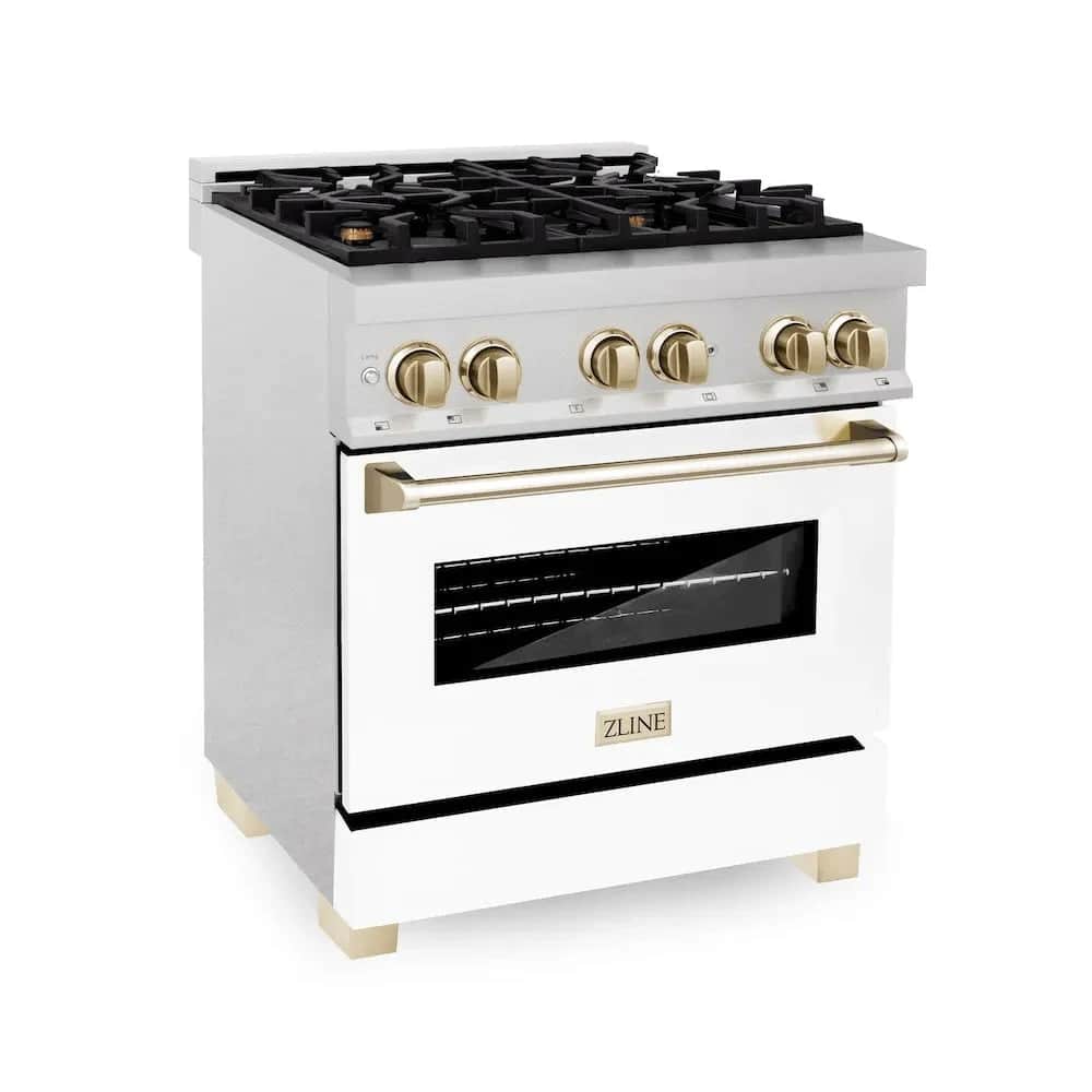 Autograph Edition 30 In. 4.0 Cu. Ft. Legacy Dual Fuel Range With 4 Burner Gas Cooktop And Electric Convection Oven In Satin Stainless Steel With White Matte Door And Polished Gold Accents