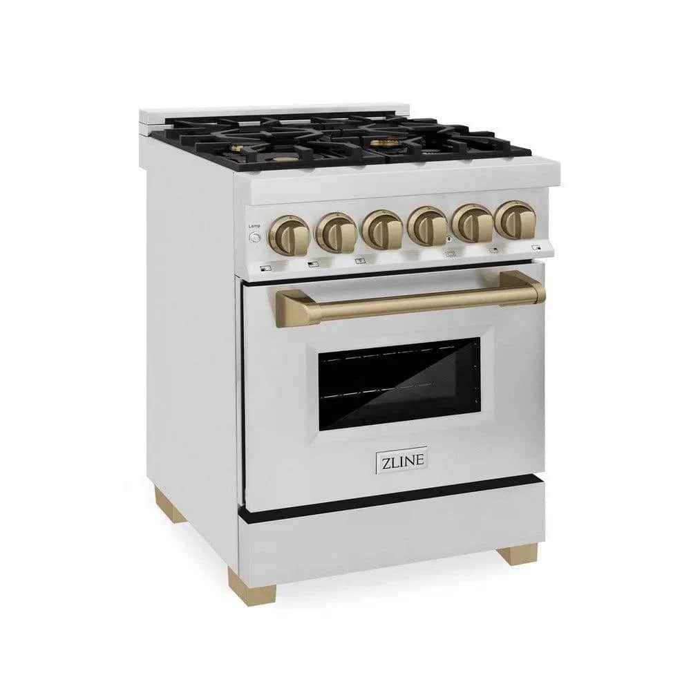 Autograph Edition 24 In. 2.8 Cu. Ft. Legacy Dual Fuel Range With 4 Burner Gas Cooktop And Electric Convection Oven In Stainless Steel And Champagne Bronze Accents