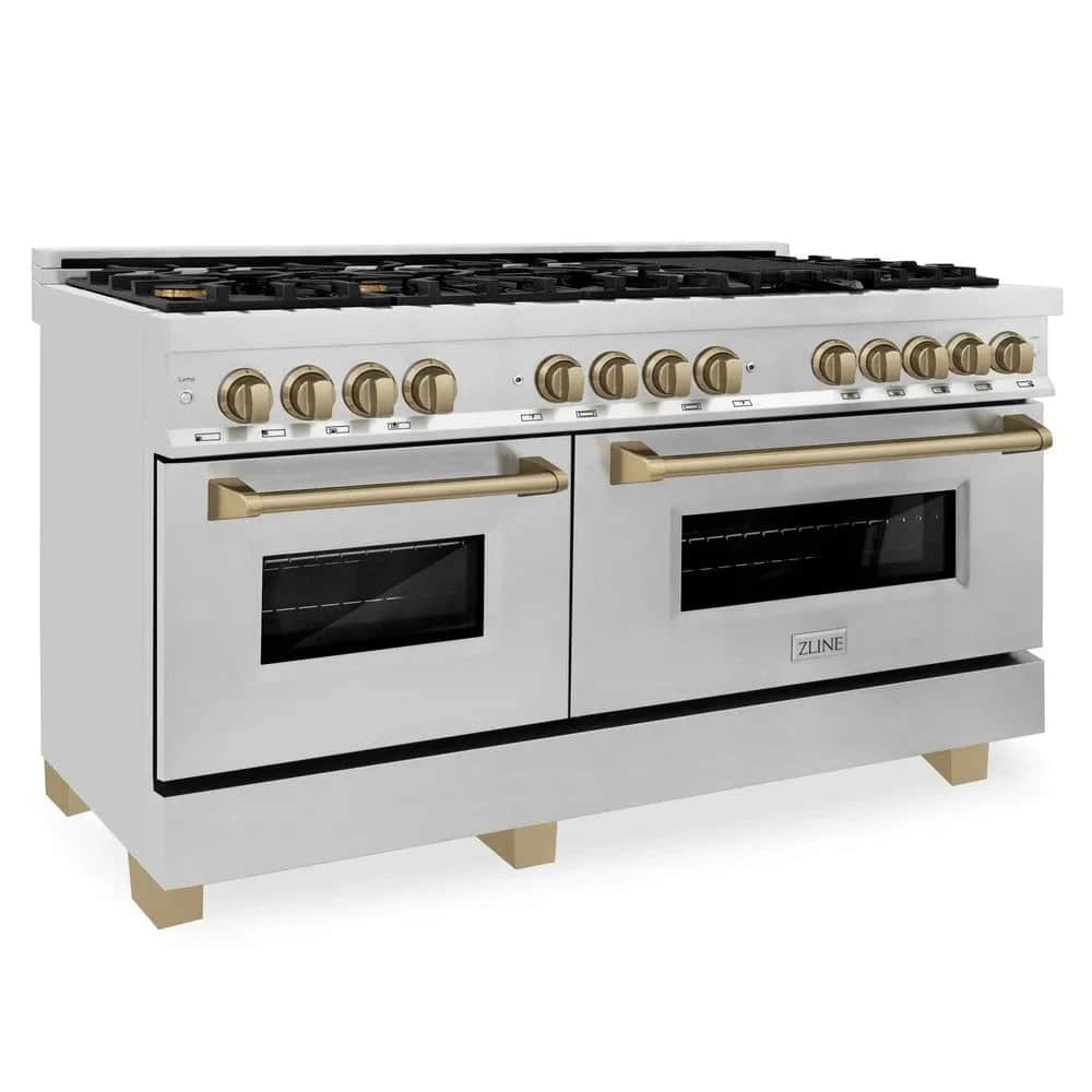 Autograph Edition 60 In. 7.4 Cu. Ft. Legacy Dual Fuel Range With 9 Burner Gas Cooktop And 2 Electric Convection Ovens In Stainless Steel And Champagne Bronze Accents
