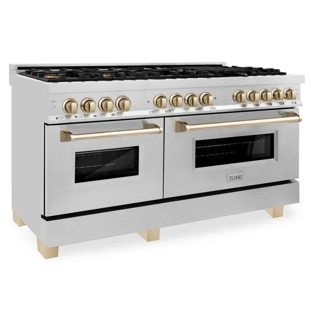 Autograph Edition 60 In. 7.4 Cu. Ft. Legacy Dual Fuel Range With 9 Burner Gas Cooktop And 2 Electric Convection Ovens In Stainless Steel And Polished Gold Accents