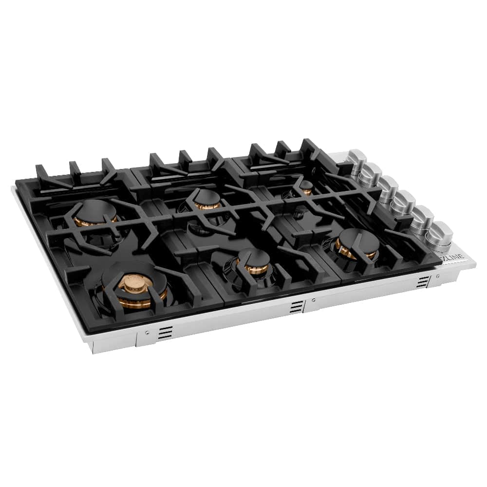 36 In. Gas Cooktop With 6 Brass Burners And Black Porcelain Top