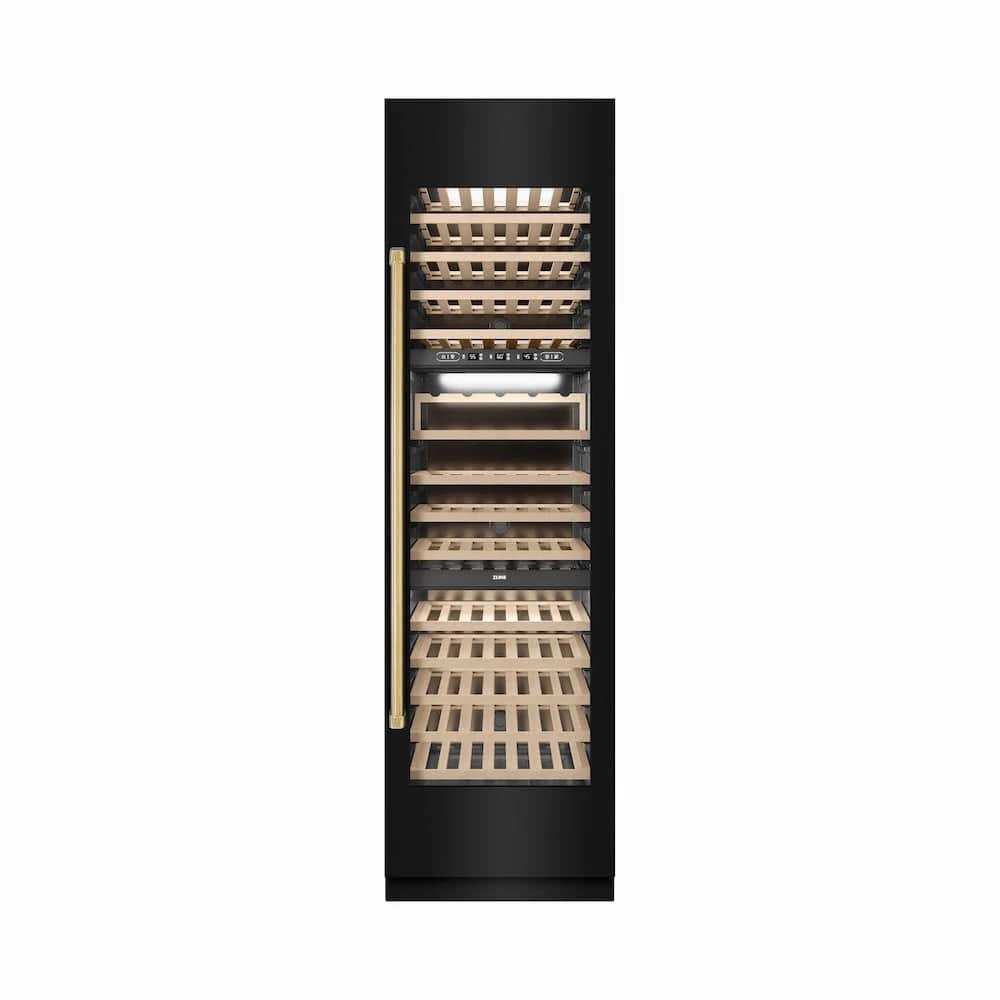 Autograph Edition 24 In. 12.4 Cu. Ft. Triple Zone 100 Bottle Column Wine Cooler In Black Stainless Steel And Polished Gold Accents