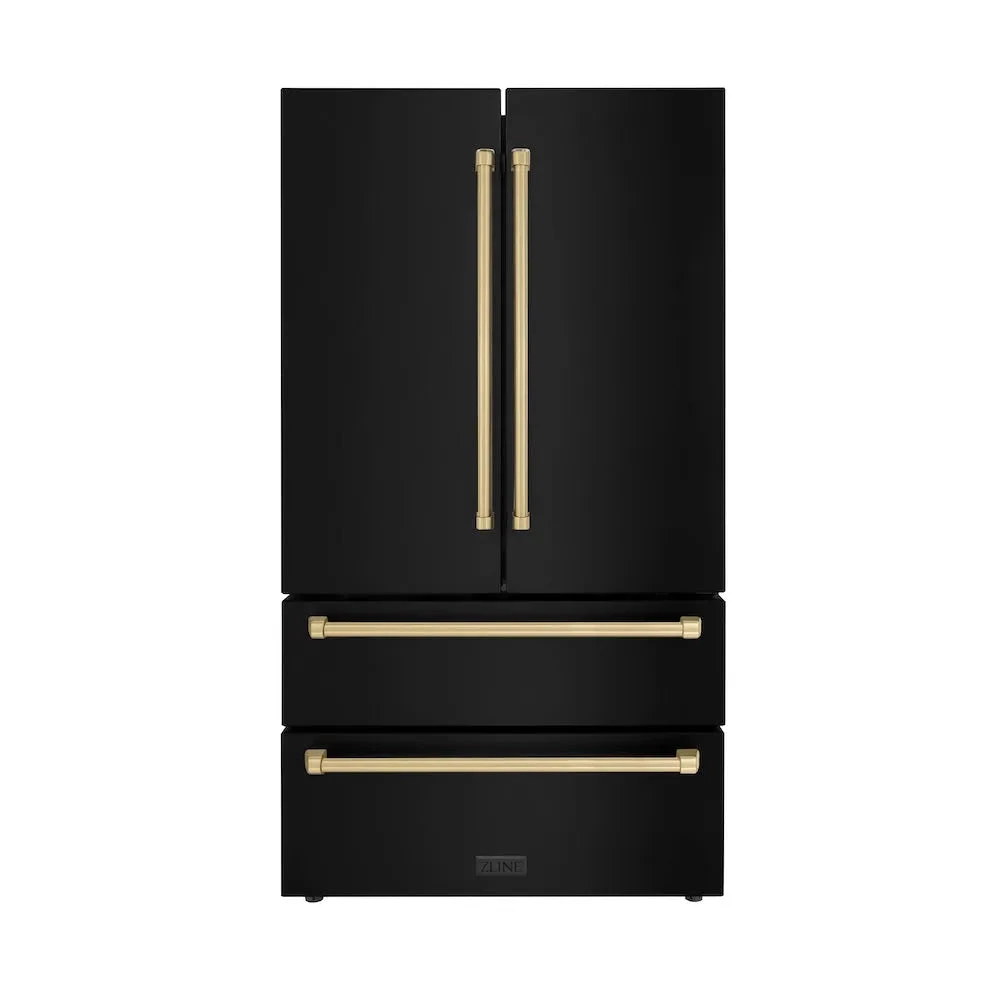 Autograph Edition 36 In. 22.5 Cu. Ft. Counter-depth French Door Refrigerator With Ice Maker In Fingerprint-resistant Black Stainless Steel And Champagne Bronze Traditional Handles
