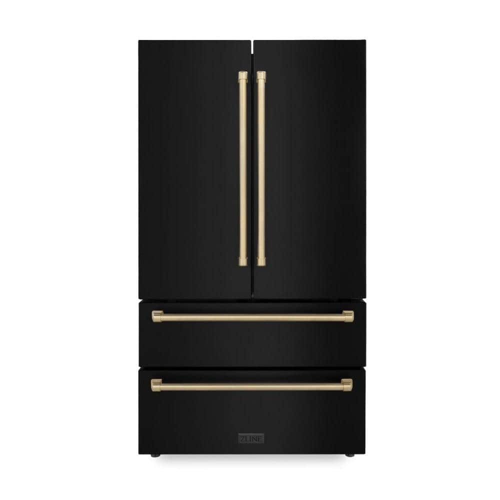 Autograph Edition 36 In. 22.5 Cu. Ft. Counter-depth French Door Refrigerator With Ice Maker In Fingerprint-resistant Black Stainless Steel And Champagne Bronze Traditional Handles