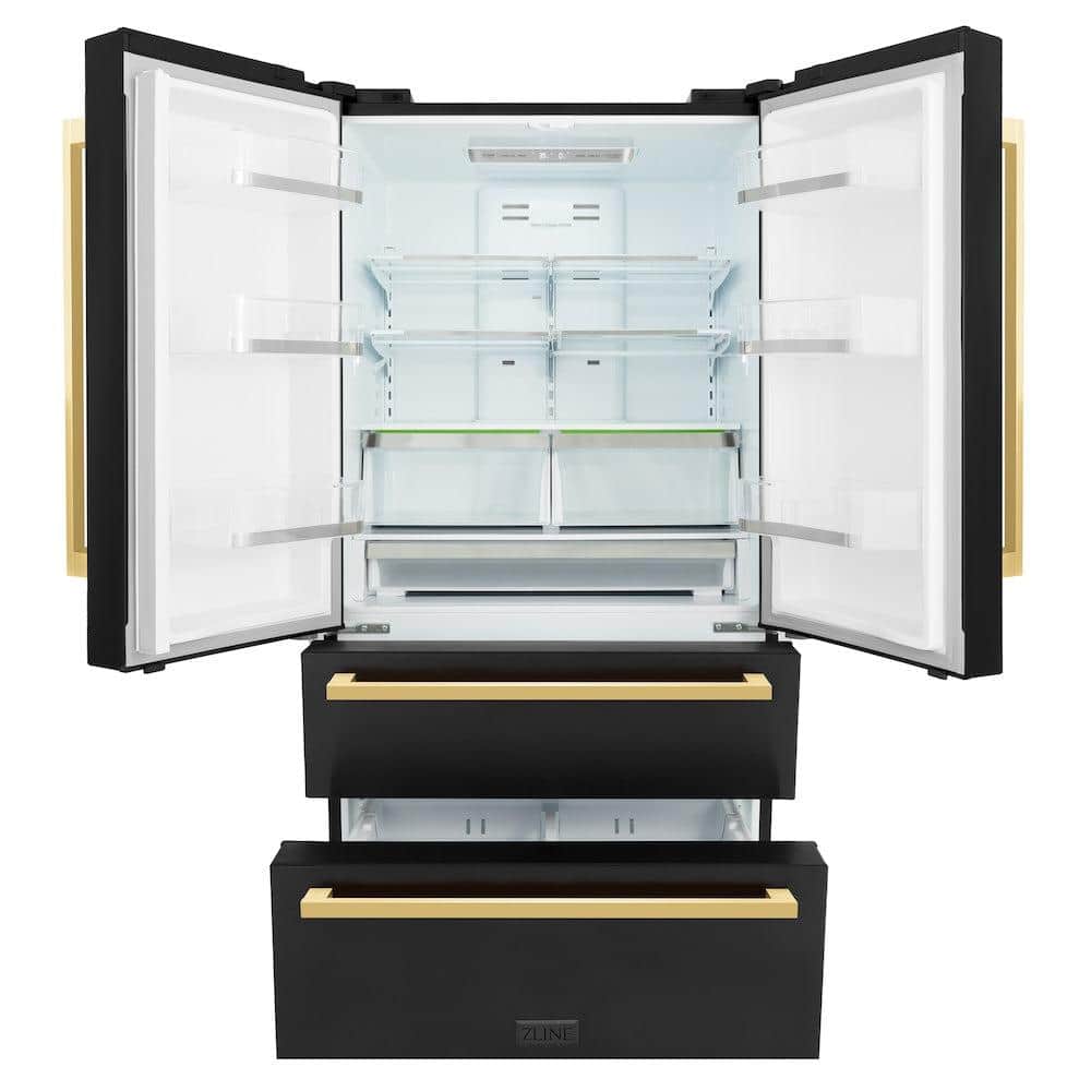Autograph Edition 36 In. 22.5 Cu. Ft. Counter-depth French Door Refrigerator With Ice Maker In Fingerprint-resistant Black Stainless Steel And Polished Gold Modern Handles