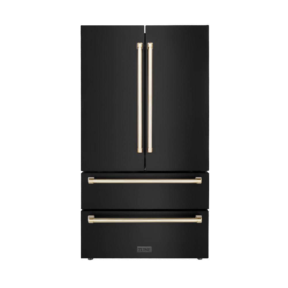 Autograph Edition 36 In. 22.5 Cu. Ft. Counter-depth French Door Refrigerator With Ice Maker In Fingerprint-resistant Black Stainless Steel With Polished Gold Traditional Handles