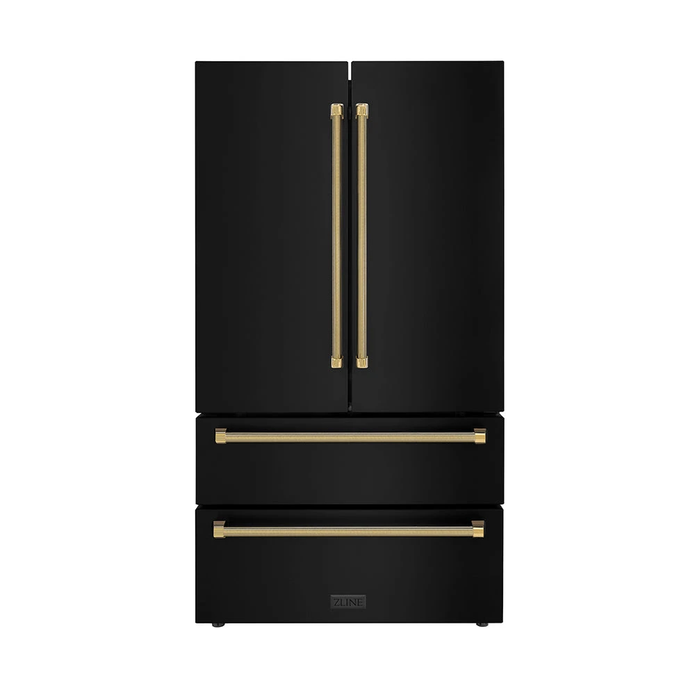 Autograph Edition 36 In. 22.5 Cu. Ft. Counter-depth French Door Refrigerator With Ice Maker In Fingerprint-resistant Black Stainless Steel And Polished Gold Helix Handles