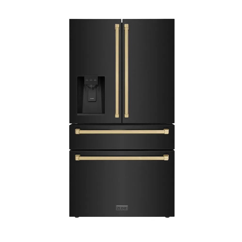 Autograph Edition 36 In. 21.6 Cu. Ft Counter-depth French Door Refrigerator With Water And Ice Dispenser In Fingerprint-resistant Black Stainless Steel With Champagne Bronze Traditional Handles
