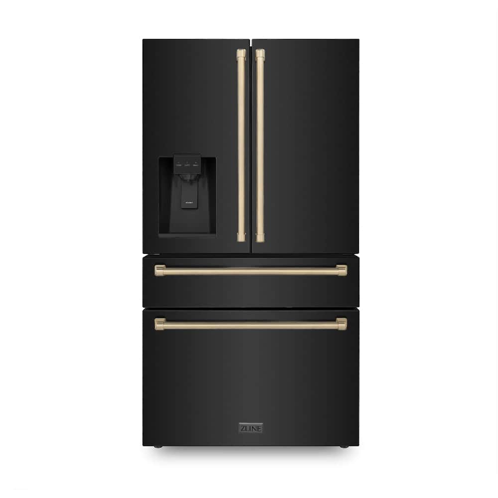 Autograph Edition 36 In. 21.6 Cu. Ft Counter-depth French Door Refrigerator With Water And Ice Dispenser In Fingerprint-resistant Black Stainless Steel With Champagne Bronze Traditional Handles