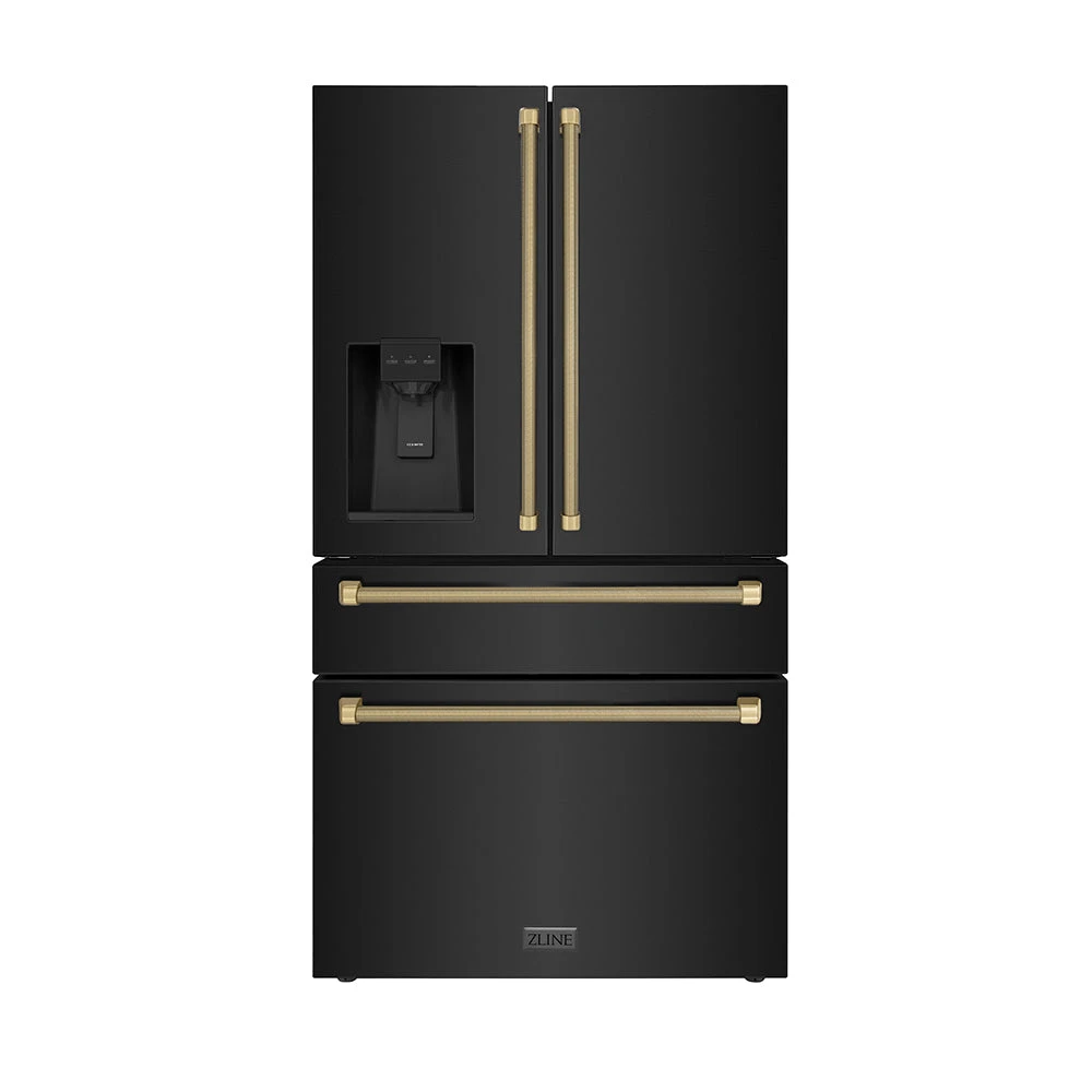 Autograph Edition 36 In. 21.6 Cu. Ft. Counter-depth French Door Refrigerator With Water And Ice Dispenser In Fingerprint-resistant Black Stainless Steel With Champagne Bronze Helix Handles