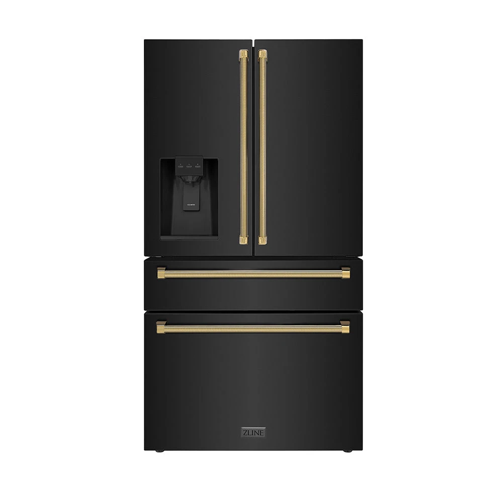 Autograph Edition 36 In. 21.6 Cu. Ft. Counter-depth French Door Refrigerator With Water And Ice Dispenser In Fingerprint-resistant Black Stainless Steel With Polished Gold Helix Handles