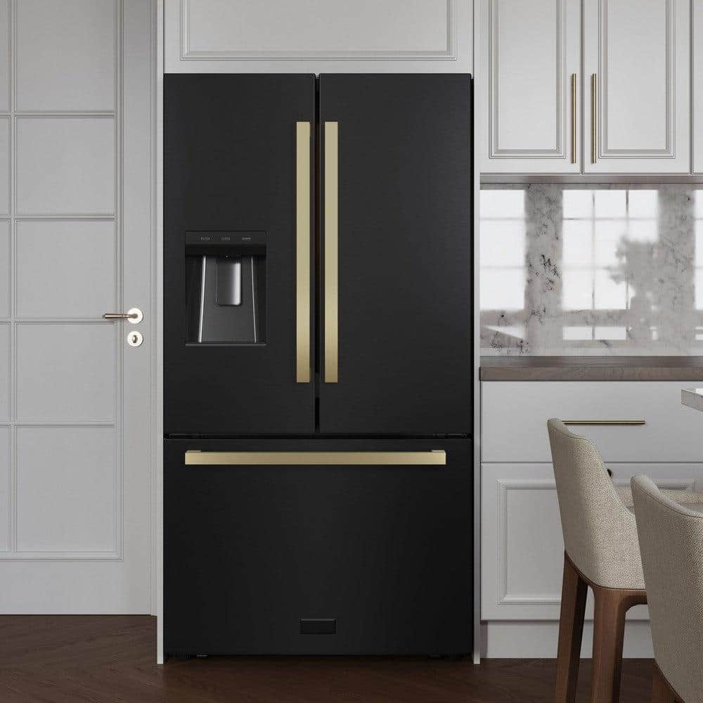Autograph Edition 36 In. 28.9 Cu. Ft. Standard-depth French Door External Water Dispenser Refrigerator With Dual Ice Maker In Fingerprint-resistant Black Stainless Steel And Champagne Bronze Modern Handles