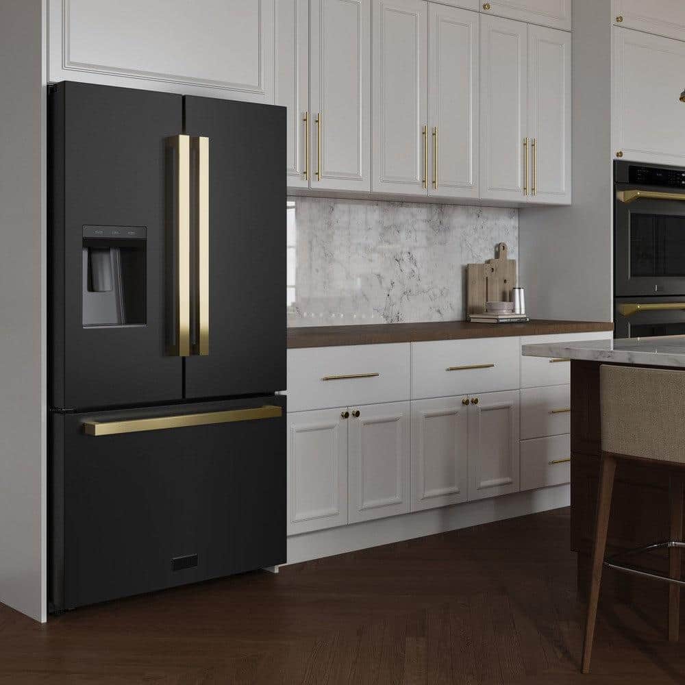Autograph Edition 36 In. 28.9 Cu. Ft. Standard-depth French Door External Water Dispenser Refrigerator With Dual Ice Maker In Fingerprint-resistant Black Stainless Steel And Polished Gold Modern Handles