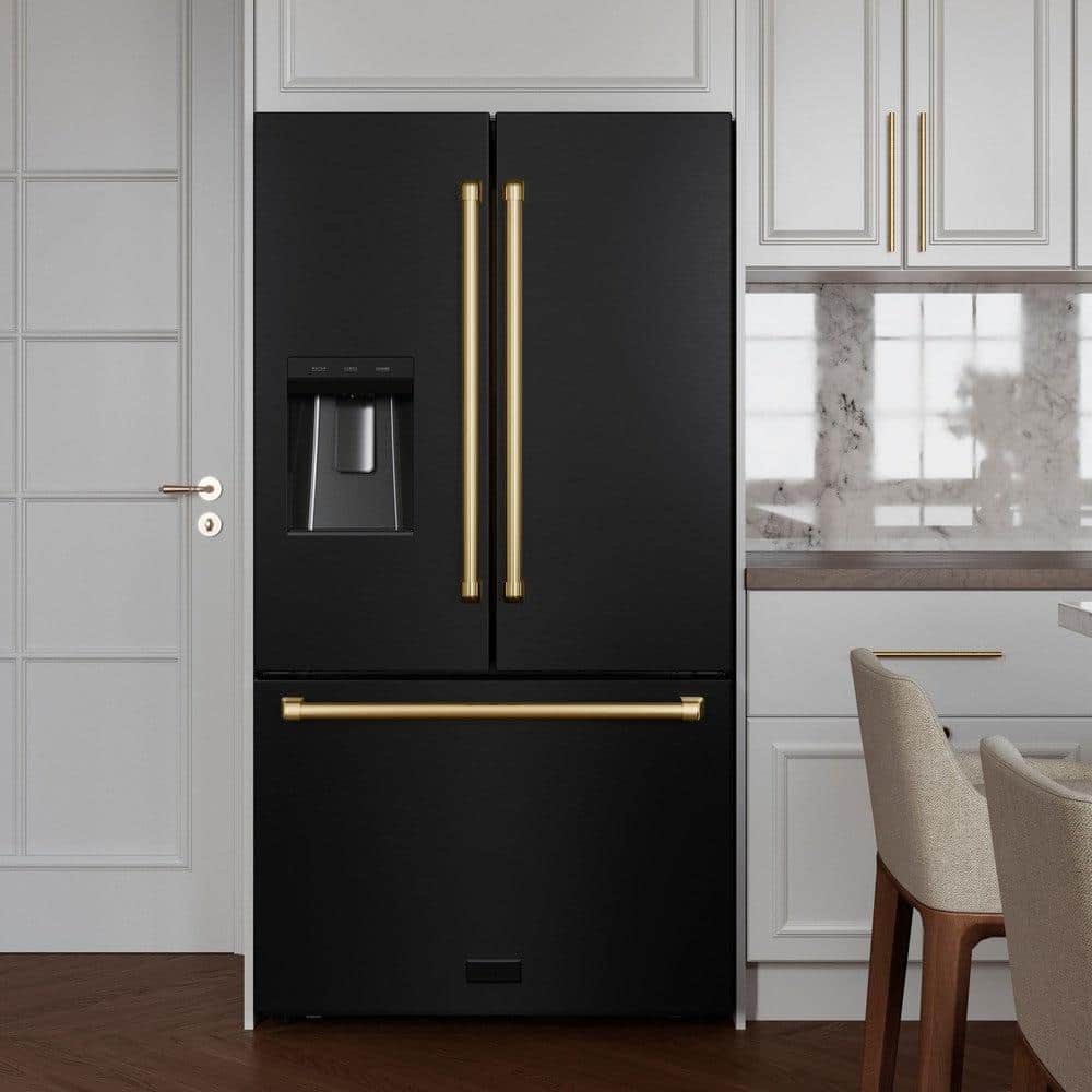 Autograph Edition 36 In. 28.9 Cu. Ft. Standard-depth French Door External Water Dispenser Refrigerator With Dual Ice Maker In Fingerprint-resistant Black Stainless Steel And Polished Gold Traditional Handles