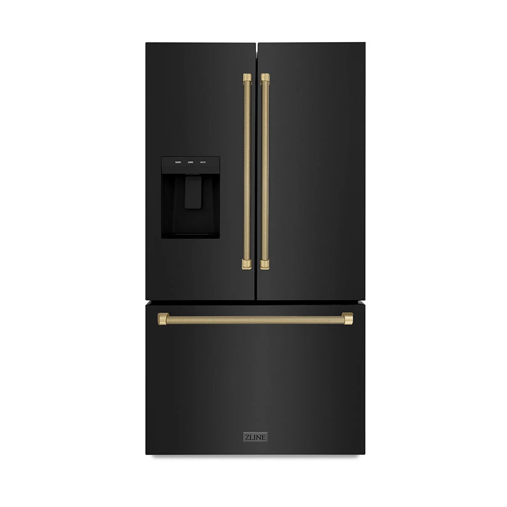 Autograph Edition 36 In. 28.9 Cu. Ft. Standard-depth French Door External Water Dispenser Refrigerator With Dual Ice Maker In Fingerprint-resistant Black Stainless Steel And Champagne Bronze Helix Handles
