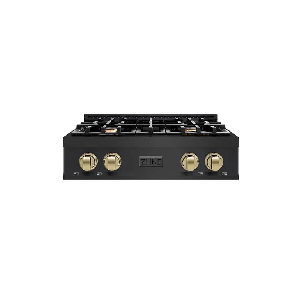 Autograph Edition 30 In. Classic Gas Rangetop With 4 Burners And Porcelain Cooktop In Black Stainless Steel With Champagne Bronze Accents