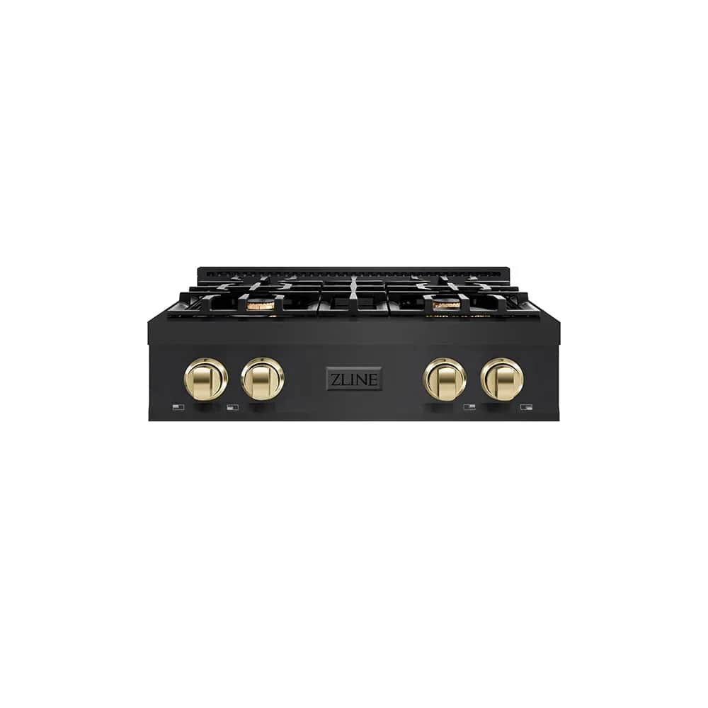 Autograph Edition 30 In. Classic Gas Rangetop With 4 Burners And Porcelain Cooktop In Black Stainless Steel With Polished Gold Accents