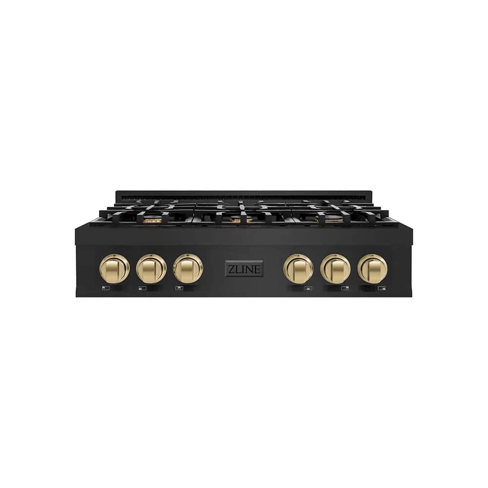 Autograph Edition 36 In. Classic Gas Rangetop With 6 Burners And Porcelain Cooktop In Black Stainless Steel With Champagne Bronze Accents