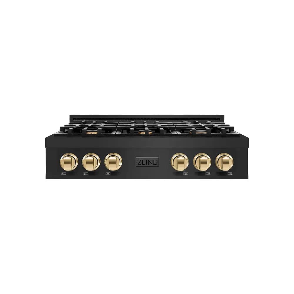 Autograph Edition 36 In. Classic Gas Rangetop With 6 Burners And Porcelain Cooktop In Black Stainless Steel With Polished Gold Accents