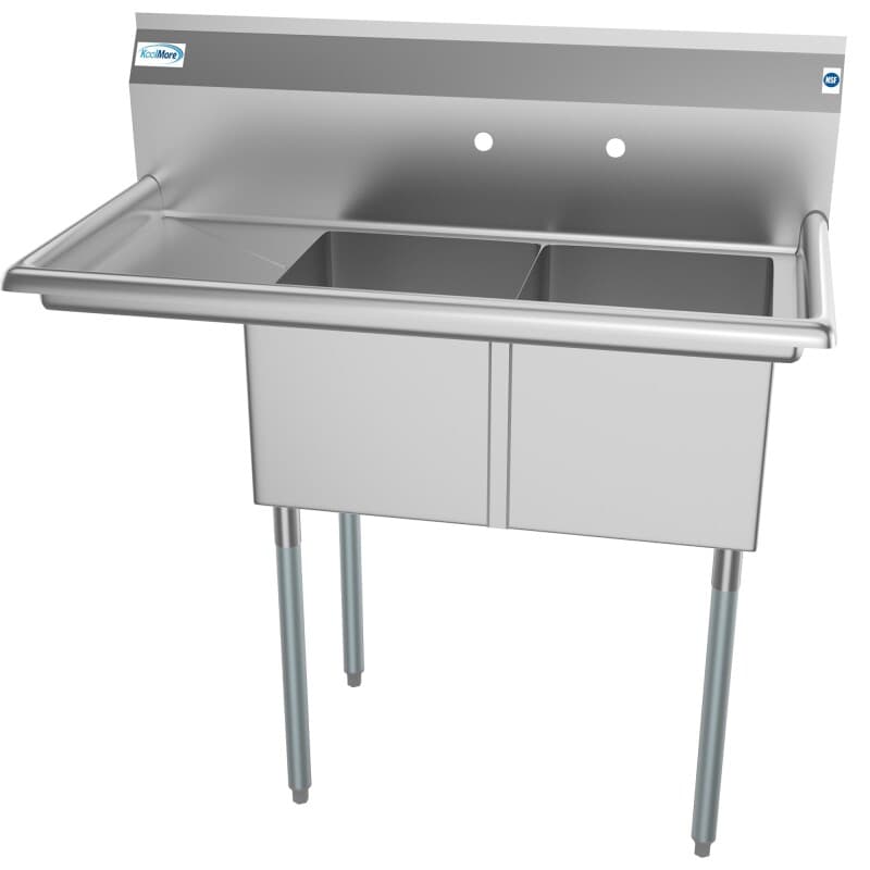 43 in. Two Compartment Stainless Steel Commercial Sink with Drainboard, Bowl Size 14"x 16"x 11
