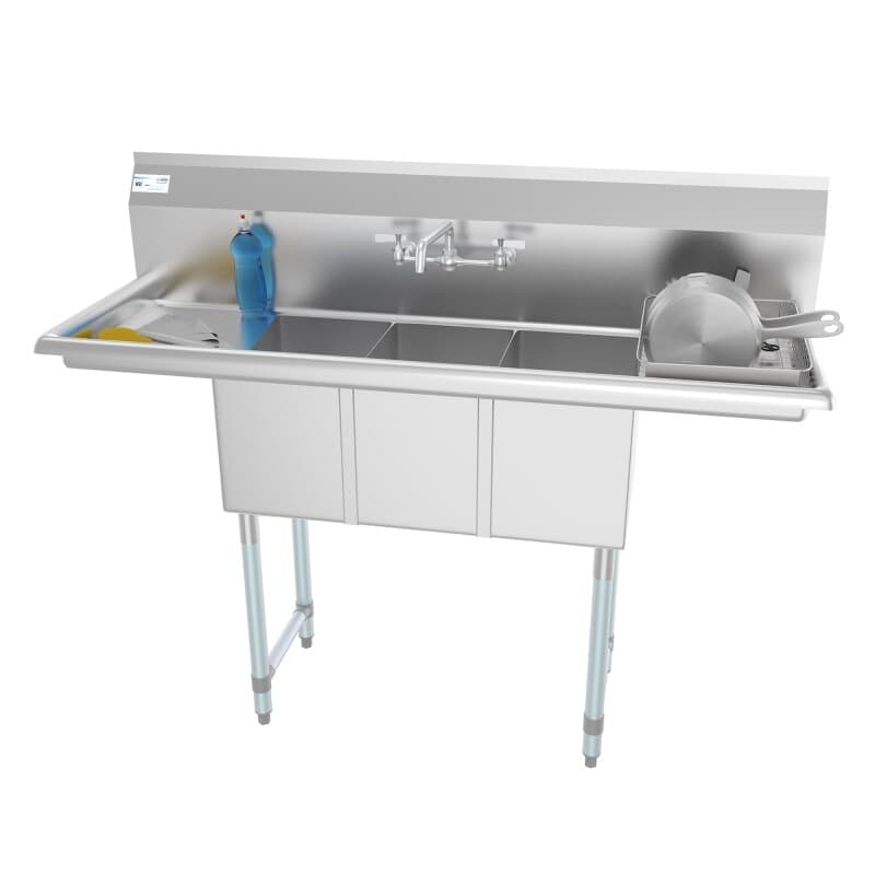 54 in. Three Compartment Stainless Steel Commercial Sink with Faucet and Drainboards, Bowl Size 10"x 10"x 14
