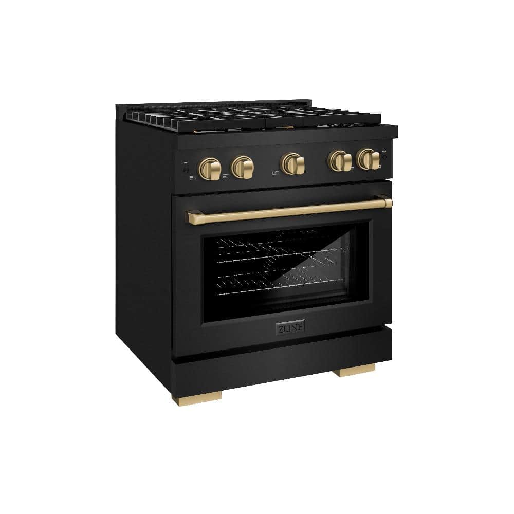 Autograph Edition 30 In. 4.2 Cu. Ft. Paramount Dual Fuel Range With 4 Burner Gas Cooktop And Electric Convection Oven In Black Stainless Steel With Champagne Bronze Accents