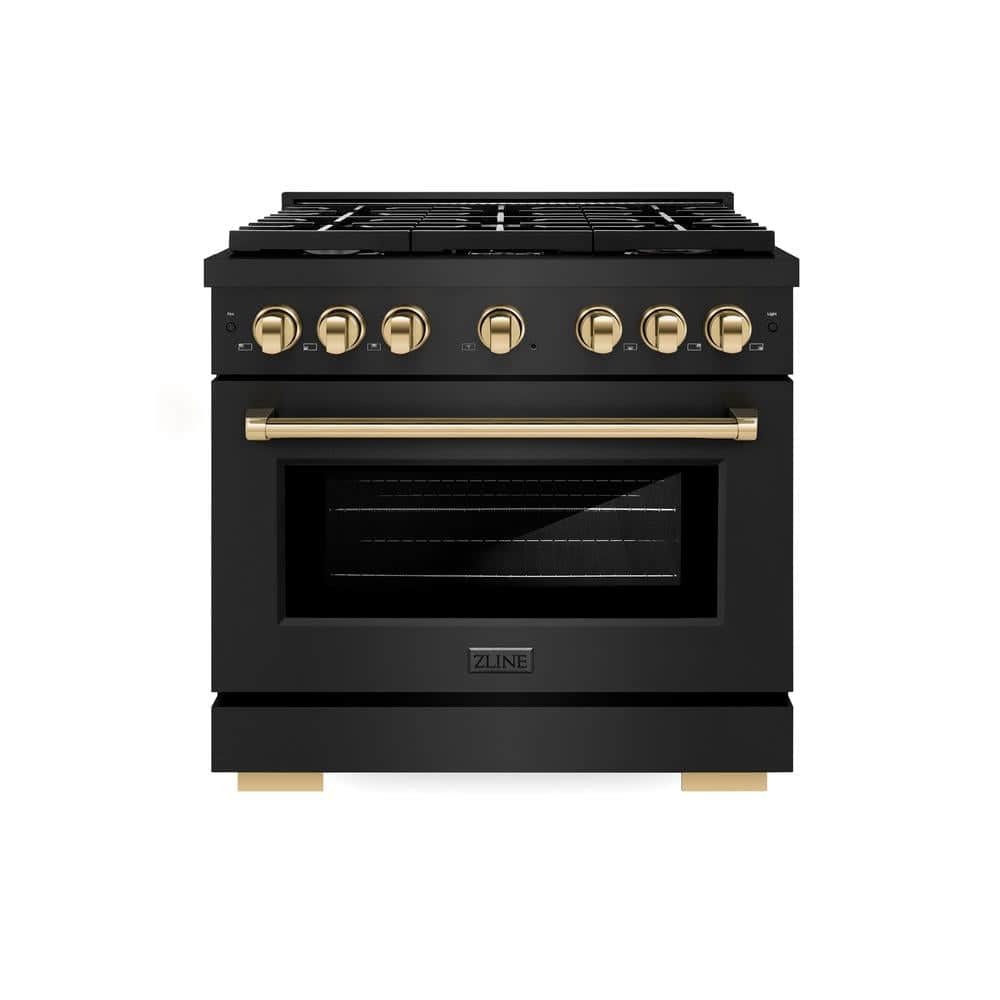Autograph Edition 36 In. 5.2 Cu. Ft. Paramount Dual Fuel Range With 6 Burner Gas Cooktop And Electric Convection Oven In Black Stainless Steel With Polished Gold Accents