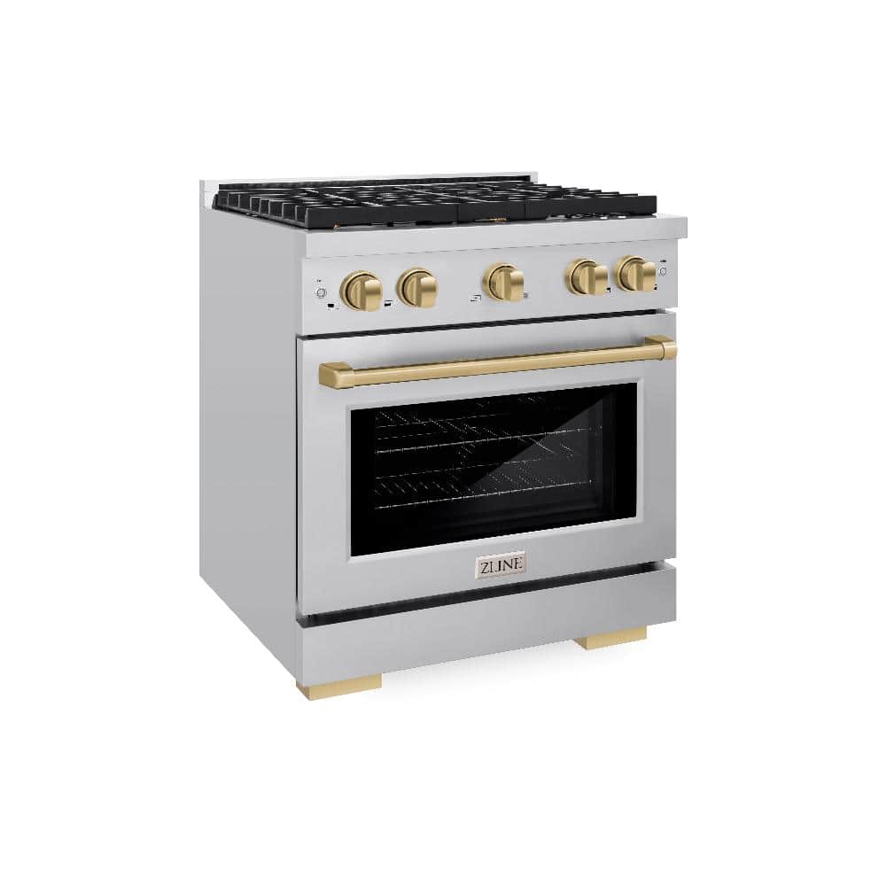 Autograph Edition 30 In. 4.2 Cu. Ft. Paramount Dual Fuel Range With 4 Burner Gas Cooktop And Electric Convection Oven In Stainless Steel With Champagne Bronze Accents