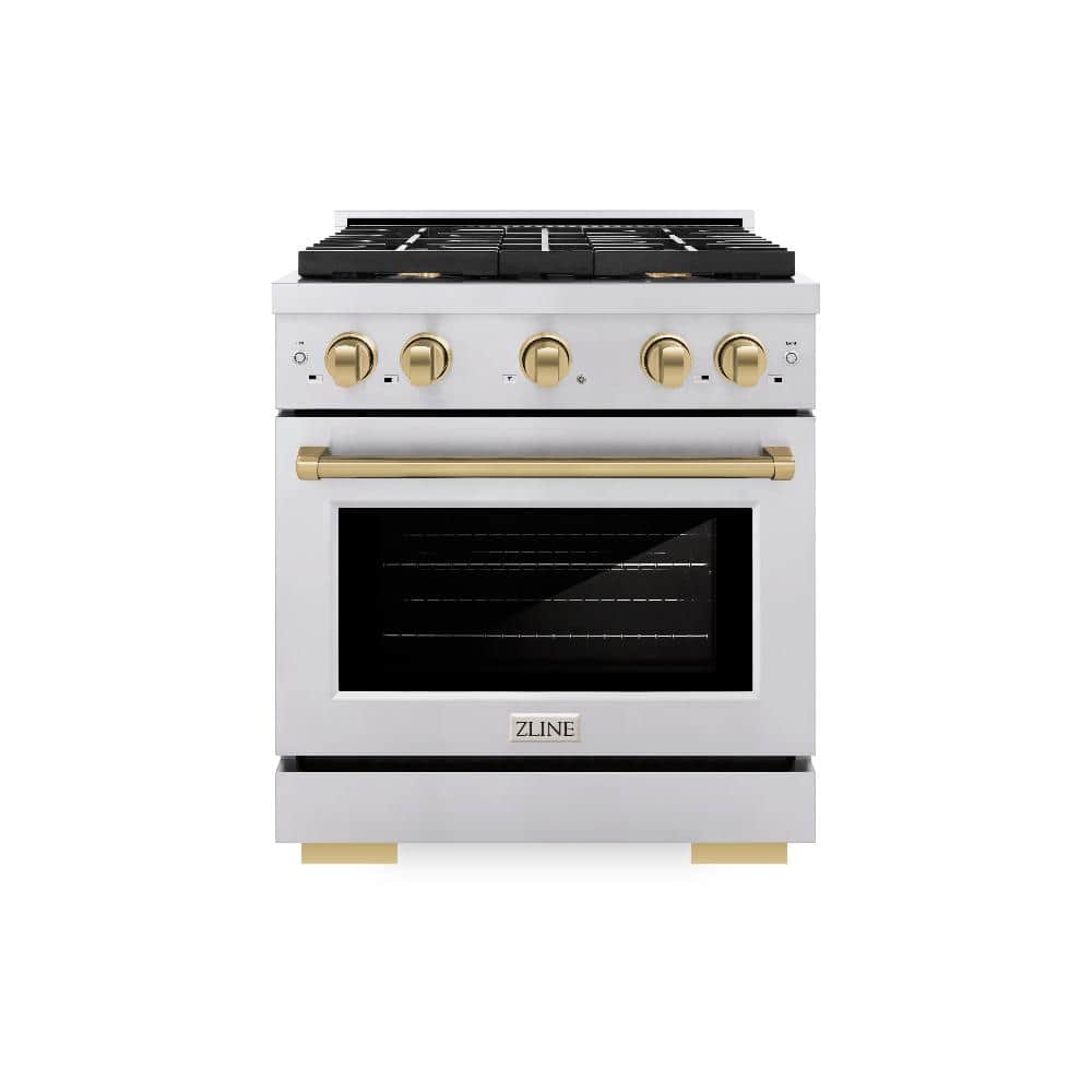 Autograph Edition 30 In. 4.2 Cu. Ft. Paramount Dual Fuel Range With 4 Burner Gas Cooktop And Electric Convection Oven In Stainless Steel With Champagne Bronze Accents