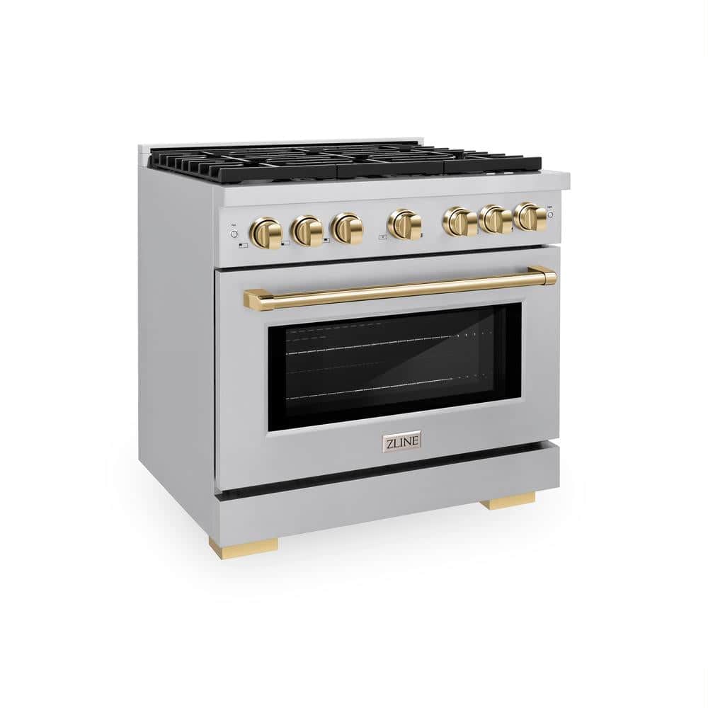 Autograph Edition 36 In. 5.2 Cu. Ft. Paramount Dual Fuel Range With 6 Burner Gas Cooktop And Electric Convection Oven In Stainless Steel With Polished Gold Accents