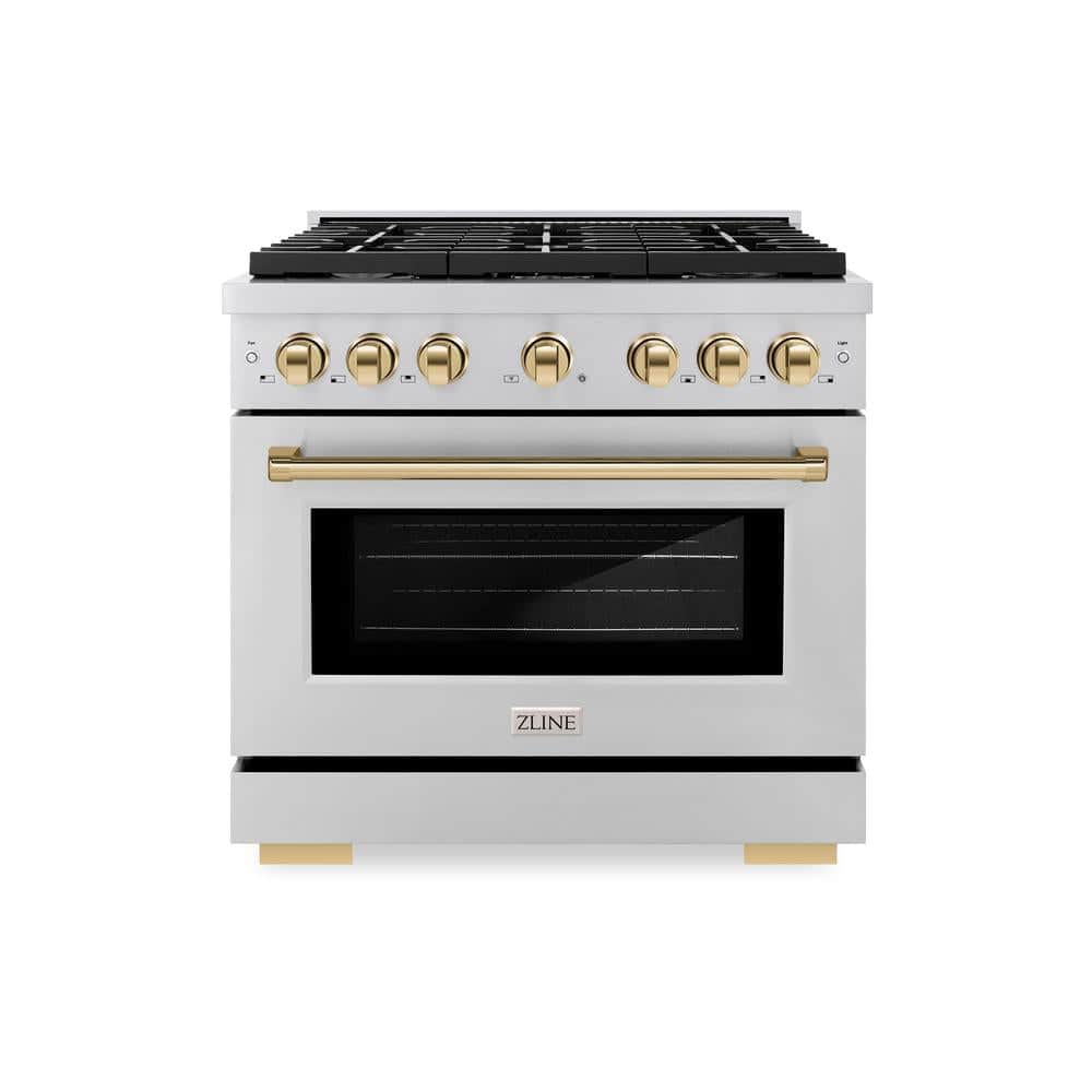 Autograph Edition 36 In. 5.2 Cu. Ft. Paramount Dual Fuel Range With 6 Burner Gas Cooktop And Electric Convection Oven In Stainless Steel With Polished Gold Accents