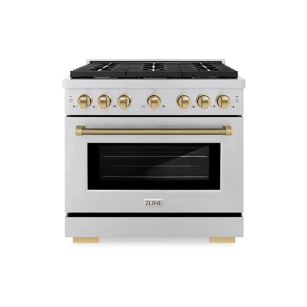 Autograph Edition 36 In. 5.2 Cu. Ft. Paramount Dual Fuel Range With 6 Burner Gas Cooktop And Electric Convection Oven In Stainless Steel With Champagne Bronze Helix Handle And Knob Accents