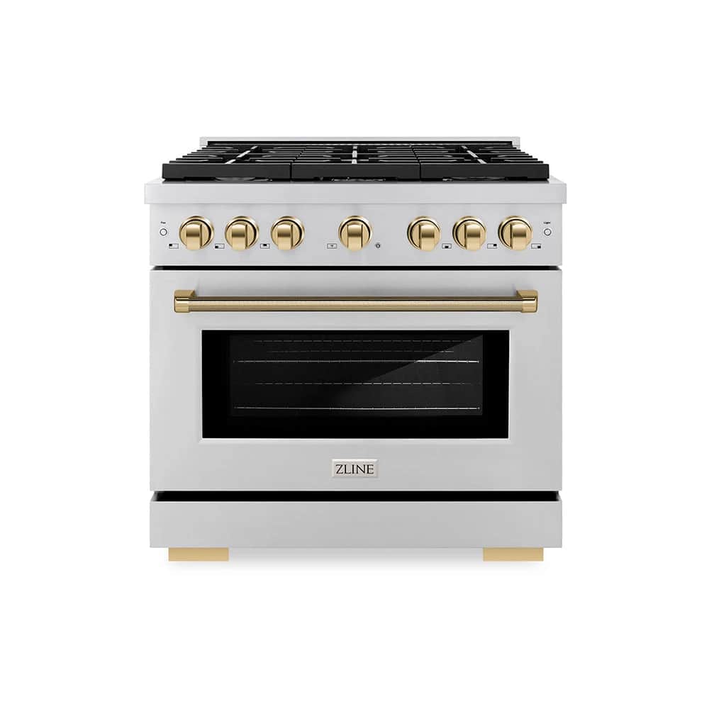 Autograph Edition 36 In. 5.2 Cu. Ft. Paramount Dual Fuel Range With 6 Burner Gas Cooktop And Electric Convection Oven In Stainless Steel With Polished Gold Helix Handle And Knob Accents