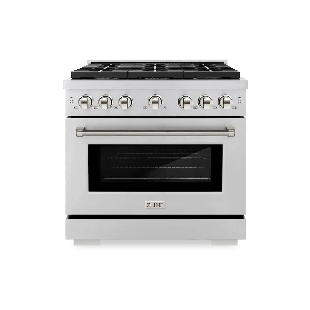 Autograph Edition 36 In. 5.2 Cu. Ft. Paramount Dual Fuel Range With 6 Burner Gas Cooktop And Electric Convection Oven In Stainless Steel With Polished Nickel Helix Handle And Knob Accents