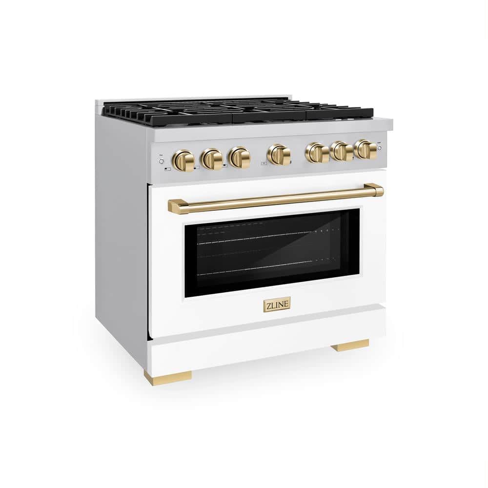Autograph Edition 36 In. 5.2 Cu. Ft. Paramount Dual Fuel Range With 6 Burner Gas Cooktop And Electric Convection Oven In Stainless Steel With White Matte Door And Polished Gold Accents