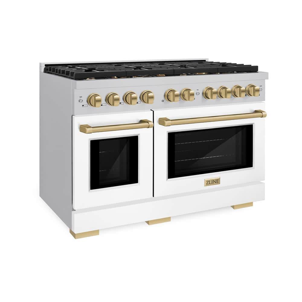 Autograph Edition 48 In. 6.7 Cu. Ft. Paramount Double Oven Dual Fuel Range With 8 Burner Gas Cooktop In Stainless Steel With White Matte Doors And Champagne Bronze Accents