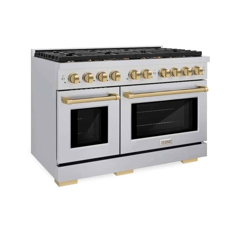 Autograph Edition 48 In. 6.7 Cu. Ft. Paramount Double Oven Gas Range With 8 Burner Cooktop In Stainless Steel And Champagne Bronze Accents